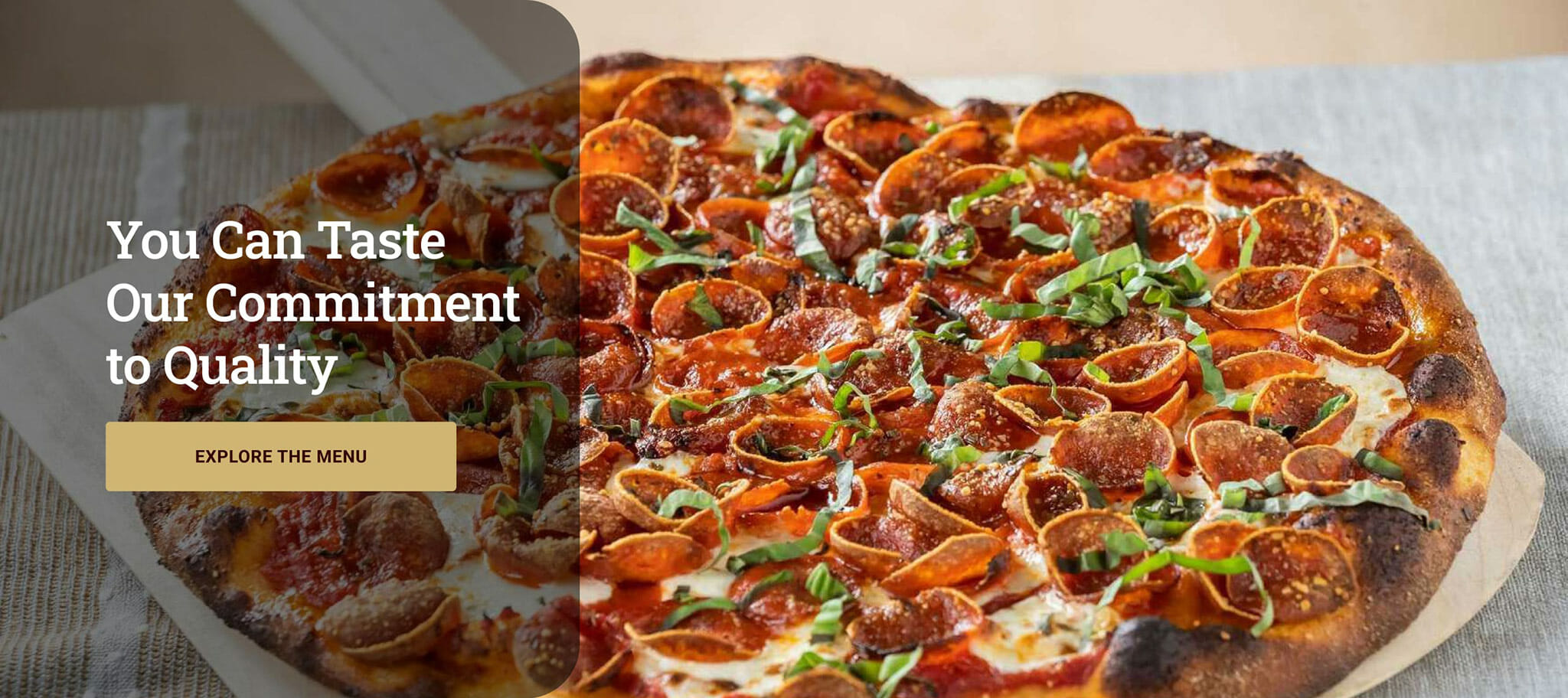 Pepperoni pizza on top of a pizza peel on a tablecloth with text overlaid the image stating, you can taste our commitment to quality